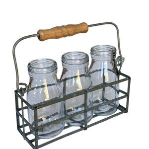Rustic Metal Crate and 3 Glass Milk Jar Set